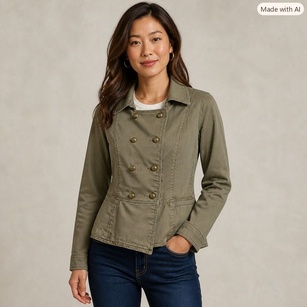 LOFT Olive Green Double‑Breasted Military Jacket Size 4P   EUC